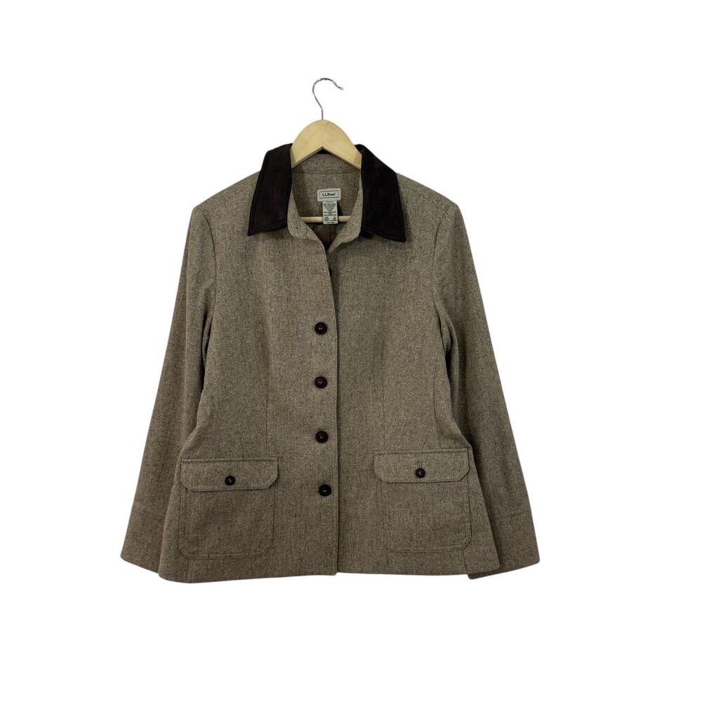 LL Bean 14 Wool Silk Blazer Tweed Jacket Button Front Brown Lined Classic Womens